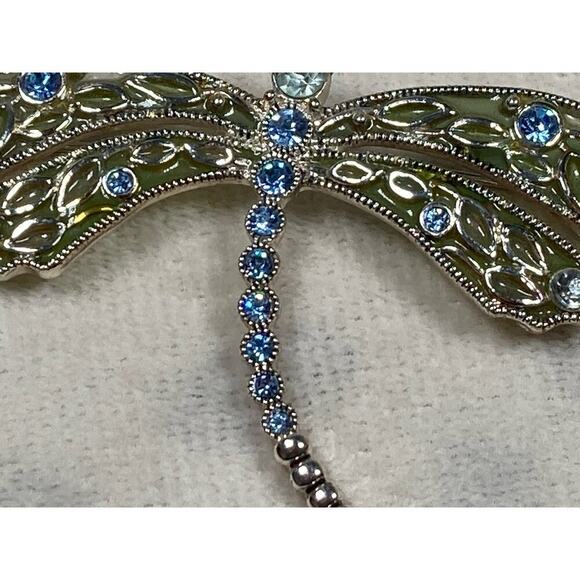 Vintage Dragonfly Pin Brooch Silvertone Light Blue Clear Rhinestone Green Enamel - Picture 3 of 10